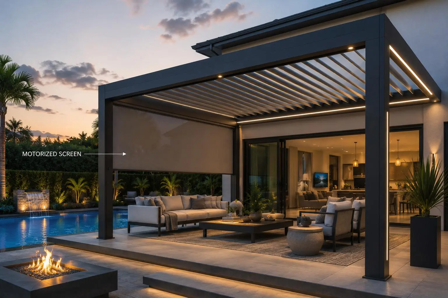 Motorized screens integrated with a pergola