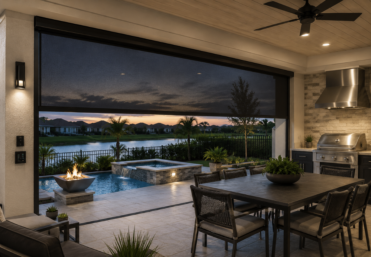 Motorized screen installed on a covered patio