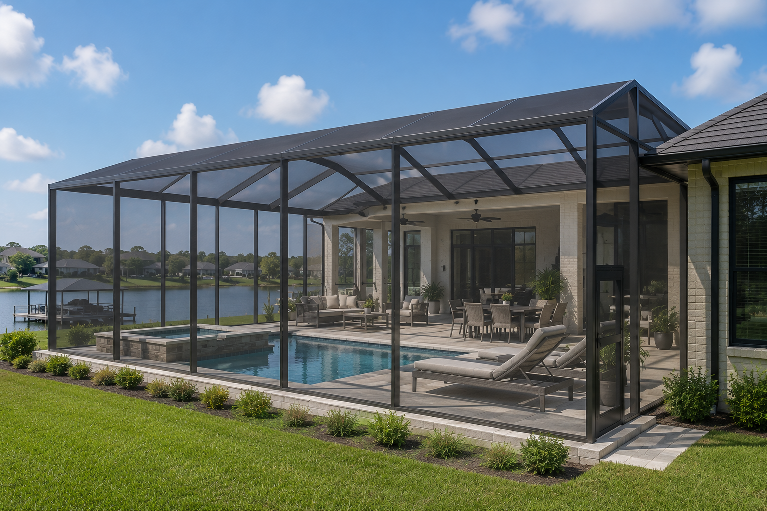 Screen enclosure surrounding a residential pool