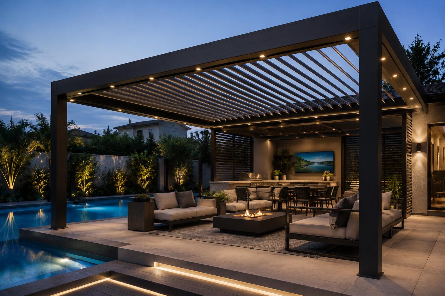 Modern louvered aluminum pergola beside a pool