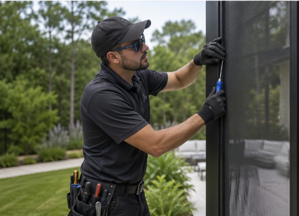 Technician repairing an outdoor screen